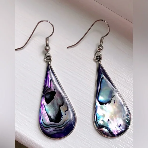 🎉Vintage Alpaca Silver Abalone Tear Drop Dangle Earrings - Picture 5 of 5
